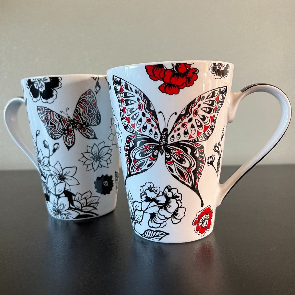 Set of 2 Könitz Germany Porcelain Butterflies and Floral Mugs Cups